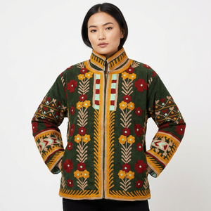 WOODEN BLOCK CRAFT INDIA Corduroy Knitted Embroidered Breathable Eco-Friendly <b>Vintage</b> Thick Quilted Jacket O-Neck Collar Women's - Product Image 1