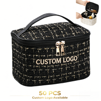 Grande trousse de toilette en tweed grande capacité, organiseur de maquillage de voyage, étui de rangement à fermeture éclair, pochette de beauté portable et tendance pour femmes