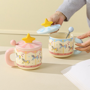Cute Carousel Ceramic Mug with Star Lid Creative Horse Mug Birthday Gift Coffee Cup for Souvenir - Product Image 6