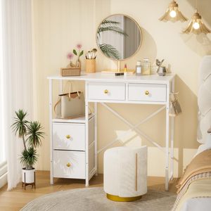 Tocador Blanco sin Espejo, <span class=keywords><strong>Pequeño</strong></span> Escritorio de Maquillaje con 4 Cajones de Tela, Mesa de Maquillaje de 33.5 Pulgadas con Almacenamiento - Product Image 2