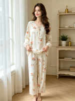 Pyjama de luxe pour femme en fibre de bambou, haut à manches longues et pantalon, imprimé floral, col pull, respirant et doux, collection printemps/automne