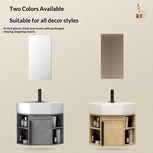 Meuble de salle de bain triangulaire en PVC couleur bois pour petit appartement, avec vasque en céramique intégrée, miroir mural inclus, meuble d'angle - Product Image 2