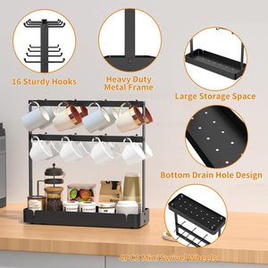 Movable <b>Hook</b> Coffee Cup Holder 3-Tier Standing Multi-Functional <b>Kitchen</b> Mug Rack With Storage Tray For Organizing Supplies - Product Image 4