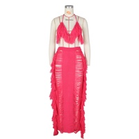 Ensemble de jupes d'été 2 pièces pour la plage Jupe longue et soutien-gorge sexy à pompons en tricot Ensemble deux pièces