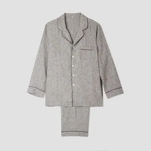 Ensemble de pyjama à manches longues et col en v pour homme, vêtements de nuit, couleur unie, gris, 100% lin, nouvelle collection