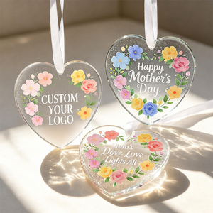 Plaque en verre personnalisée élégante avec motif floral, ornement en verre fusionné en forme de cœur, texte personnalisable, cadeau pour la fête des mères - Product Image 1