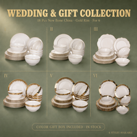 Service de table élégant en porcelaine fine (18 pièces) avec bordure dorée, en boîte cadeau colorée, idéal pour mariage ou cadeau de mariée - Vente en gros