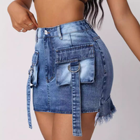 Jupe-Short en Jean Taille Haute Femme avec Micro-Ceinture, Volants et Grandes Poches – Style Cargo, Sexy et Élégant pour l'Été