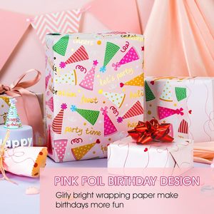 Pink Birthday <b>Wrapping</b> <b>Paper</b> Girl Party Hat Design 46.8 Square Feet Gift Craft Eco Friendly Single Side - Product Image 2