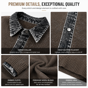 Cardigã Masculino de Tricô com Gola Jeans, Efeito Vintage Lavado, Patchwork e Botões de Pressão – Jaqueta de Tricô Personalizada OEM - Product Image 3