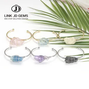 Fashion Gemstone Bangle Gold Color Wire Wrap Irregular Cuff Crystal Quartz Natural Rough Stone Bracelet