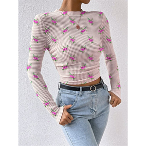 Solid Color Slim Long Sleeve Plaid Round Neck Women's T-Shirt Drawstring <b>Tops</b> Fashion - Product Image 5