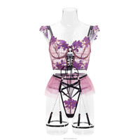 Ensemble soutien-gorge brodé sexy et léger pour femme avec jarretière florale ajourée en maille