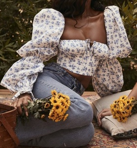 Sweet Blue Print <strong>Long</strong> Puff <strong>Sleeve</strong> Cropped Corset <strong>Top</strong> <strong>square</strong> <strong>Neck</strong> Ruched Drawstring Crop <strong>Top</strong> Woman Blouse - Product Image 2
