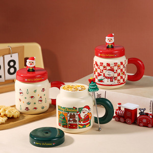 Nieuwe aanwinst: 410ml Keramische Kerstmok met deksel en lepel, schattig Santa Sneeuwpop koffiemok set met luxe cadeauverpakking - Product Image 3