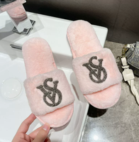 Chaussons fourrés à bout ouvert pour femmes, avec strass scintillants, chauds et doux, en peluche, pour l'intérieur