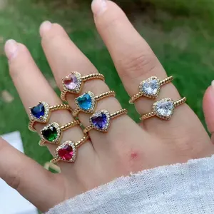 Newest Fashion Gold Plated Brass Jewelry Heart Star Square Colorful Shining Zirconia Fashion Rings Adjustable Rings For Women