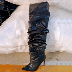 Snakeskin Shoes Women <b>Boots</b> Stiletto Heel Black Knee High <b>Boots</b> Casual Style Lady's Sexy High Heel <b>Boots</b> Pleated Shaft Size 43 - Product Image 4