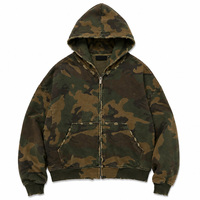 Sweat à capuche zippé pour homme en coton épais 100% avec imprimé camouflage, bords bruts vieillis, style streetwear, coupe oversize, sérigraphie vintage