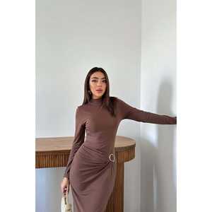 เดรสสีน้ำตาลทรงเข้ารูป คอรูวงกุญแจ เอวธรรมชาติ ผ้าทอเนื้อนุ่ม สวมใส่สบาย เหมาะสำหรับทำงาน - Product Image 4