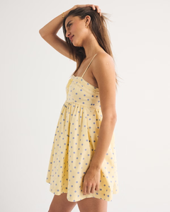 Robe courte pour femme LEDUO, style rétro estival, jaune à pois, bretelles spaghetti, coupe trapèze - Product Image 3