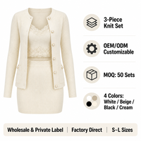 Op maat gemaakte dames 3-delige gebreide set met parelknopen cardigan, kant binnen top, geribbelde minirok, OEM groothandel, privélabel, bulkbestelling