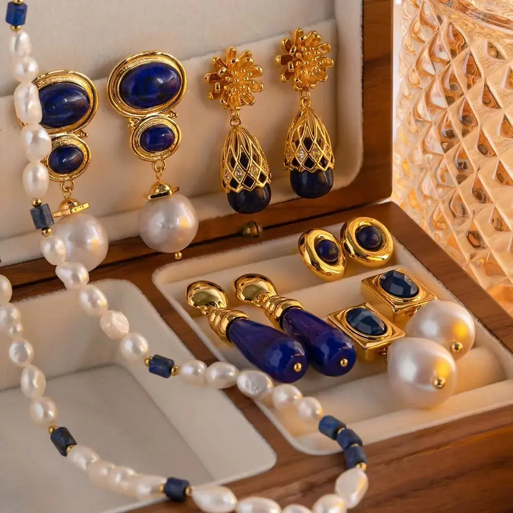 fashion jewelry vintage french style earring ladies klein blue gem stone freshwater pearl earrings
