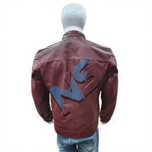 Men's <b>Red</b> Leather <b>Waterproof</b> Bomber <b>Jacket</b> with Blue Letter Print Stand Collar Zipper Closure Casual Autumn Wear - Product Image 2