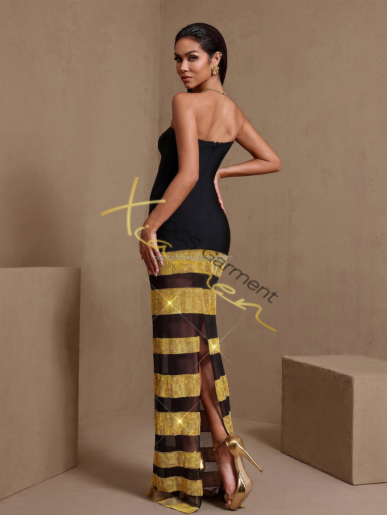 Ocstrade Boutiques Elegant White Strapless Bandage Evening Dress Silver Crystal Striped Mesh Maxi Formal Gown Wedding Guest