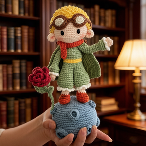 Muñeco Amigurumi Hecho a Mano al Crochet, Pequeño Príncipe con Rosa y Planeta, Personalizable, Figura de Hilo Tejido, Mini Adorno de Escritorio Estilo Cottagecore, Romántico - Product Image 3