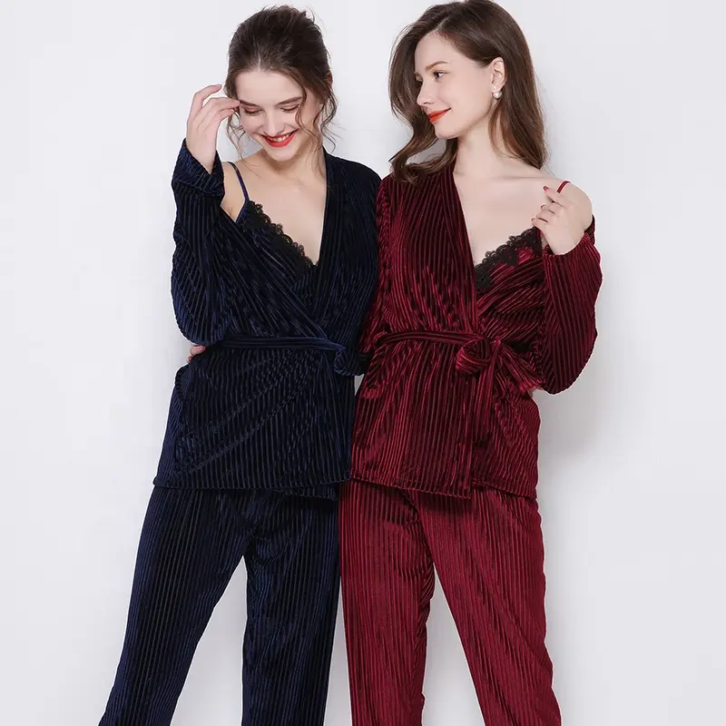 Kış sıcak kadife 3 parça set kadınlar için pijama