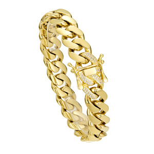 Pulsera de Cadena Cubana Plana de Acero Inoxidable <span class=keywords><strong>Laminado</strong></span> de 14 mm con Cierre CZ Iced Out Chapado en <span class=keywords><strong>Oro</strong></span> de <span class=keywords><strong>14K</strong></span> para Joyería Hip Hop Masculina - Product Image 4