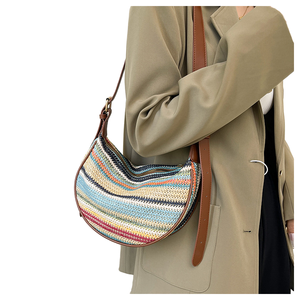 Oem Odm Custom Rainbow Stripe <b>Straw</b> Crossbody Woven <b>Straw</b> Crescent Hobo Beach <b>Straw</b> Shoulder <b>Bag</b> Women Sling Purse Handbag - Product Image 1