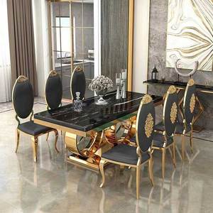 Table à manger en métal doré <span class=keywords><strong>design</strong></span> royal <span class=keywords><strong>de</strong></span> luxe ensemble 6 places <span class=keywords><strong>4</strong></span> chaises meubles <span class=keywords><strong>de</strong></span> maison salle à manger table à manger moderne en métal marbré - Product Image 3