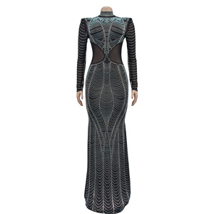 Nouvelle Arrivée Robe de Soirée Femme à Manches Longues en Maille Brillante Strass, Robe de Soirée Élégante de Luxe Couleur Unie en Gaze avec Strass - Product Image 4