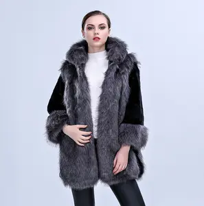 New dress with hat luxury Faux fox Fur Coat fuzzy soft women fur
