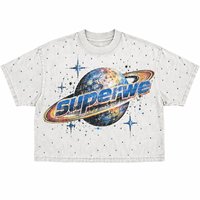 Kaos Katun Tebal Model Boxy Crop OEM, Cuci Asam, Sablon Digital Warna-warni Custom, Grafis Berhias Rhinestone, Grosir