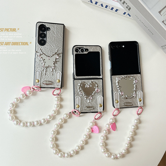 Luxury Glitter Butterfly Mirror Case for Samsung Z Fold 7 6 5 With Pearl Chain Phone Strap Phone Cover for Z Flip 7 6 5