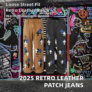 Jeans de Moda para Hombre, Estilo Retro Americano 2025, con Parches de Cuero Cruzados, Corte Holgado, Denim Lavado de Peso Medio, Detalles de Doble Capa, Otoño Invierno - Product Image 2