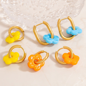 Pendientes de aro con forma de flor, colgante colorido de acero inoxidable para mujer, joyería de moda EH11829A - Product Image 1