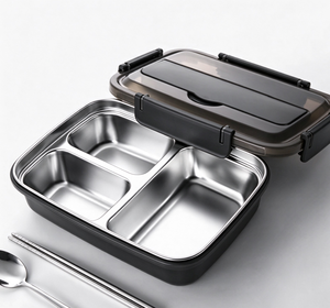 Boîte à lunch compartimentée en acier inoxydable avec fourchette, cuillère et baguettes, boîte bento étanche pour adultes, enfants, bureau et école - Product Image 3