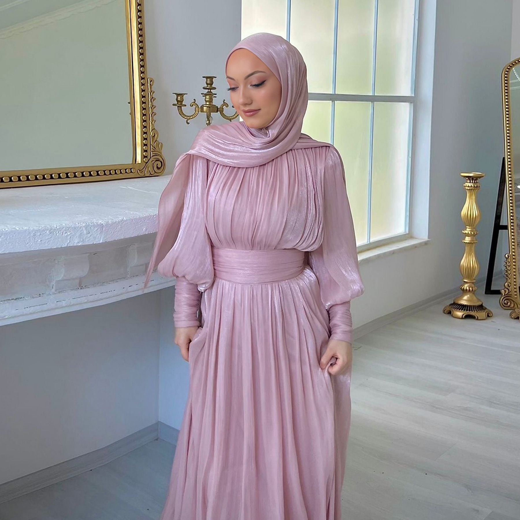 open lace back dress Luxury Sage Green Modest Hijab-Style beaded Evening Dress SS613 – DreamyVow