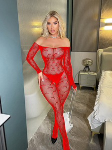 Vestido de dormir transparente de manga larga con aberturas románticas para mujer, lencería sexy de una pieza con diseño de red de pesca, body ajustado de rejilla. - Product Image 6