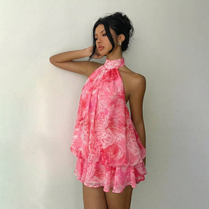 Miniabito da donna rosa tie-dye senza maniche in chiffon intrecciato, vestibilità aderente, sexy, per serate in discoteca e feste estive - Product Image 3