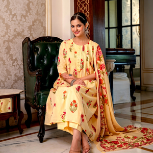 Conjunto Étnico Informal para Mujer, Estilo Indio Tradicional, Amarillo, 100% Algodón, Estampado Floral Digital, Corte Regular, Largo Medio, Secado Rápido, para Toda Temporada - Product Image 1