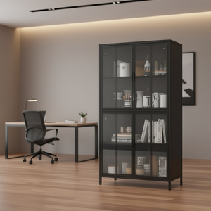 Armoire de rangement en métal noir avec portes en verre trempé, étagères réglables, serrure à clé, armoire de classement pour la maison ou le bureau, design industriel - Product Image 2