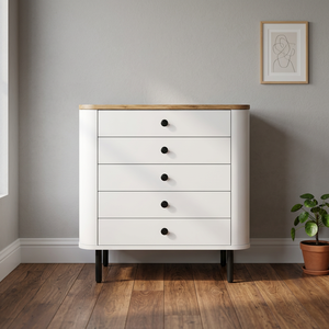 Cómoda de 5 cajones de madera maciza de mango con acabado natural, tapa de madera con acabado blanco y patas de metal |   Muebles de Dormitorio Modernos - Product Image 1