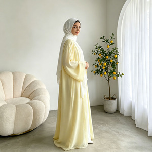 Butter Yellow Eid Open Abaya 2 Piece <b>Set</b> Muslim Women Kimono Georgette Kaftan Robe Hijab <b>Modest</b> Outfit - Product Image 6