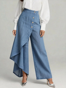 Nuovi <span class=keywords><strong>Pantaloni</strong></span> Slim Fit <span class=keywords><strong>a</strong></span> Gamba Larga in Denim Stampato con Bottoni, Stile Casual in Tinta Unita - Product Image 1