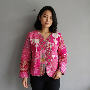 Pink Quilted <b>Patchwork</b> <b>Jacket</b> Women's V-Neck Three Quarter Sleeve Cotton Spring Style Regular Length Hand Embroidery Design gift - Product Image 1